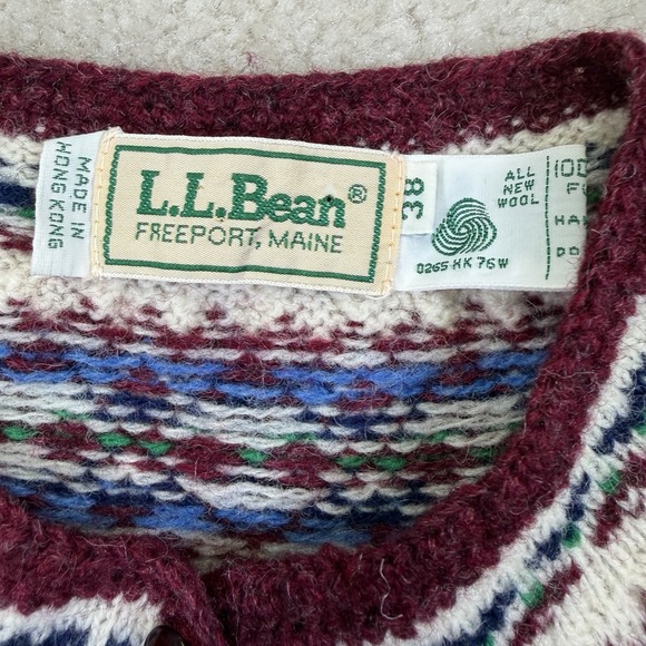 Vtg LL Bean 100% Wool Nordic Fair Isle Henley Sweater Womens Small/38 Maroon - Picture 7 of 9